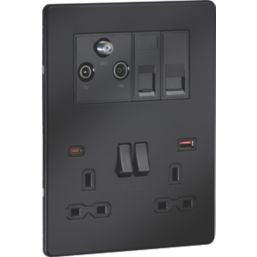 Knightsbridge SFR994MBB 13A 2-Gang DP Combination Plate + 4.0A 18W 2-Outlet Type A & C USB Charger Matt Black with Black Inserts