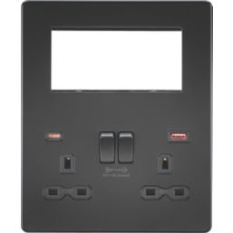 Knightsbridge SFR994MBB 13A 2-Gang DP Combination Plate + 4.0A 18W 2-Outlet Type A & C USB Charger Matt Black with Black Inserts