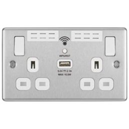 LAP  13A 2-Gang SP Switched Wi-Fi Extender + 2.1A 10.5W 1-Outlet Type A USB Charger Brushed Steel with White Inserts