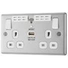 LAP  13A 2-Gang SP Switched Wi-Fi Extender + 2.1A 10.5W 1-Outlet Type A USB Charger Brushed Steel with White Inserts