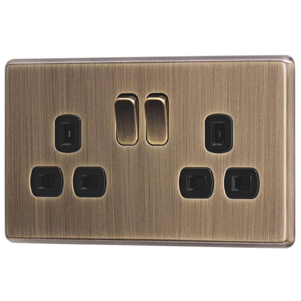 Arlec 13A 2-Gang SP Switched Socket Antique Brass with Black Inserts ...