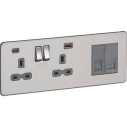 Knightsbridge  13A 2-Gang DP Combination Plate + 4.0A 18W 2-Outlet Type A & C USB Charger Brushed Chrome with Colour-Matched Inserts