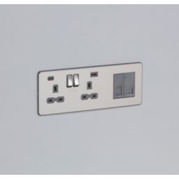 Knightsbridge  13A 2-Gang DP Combination Plate + 4.0A 18W 2-Outlet Type A & C USB Charger Brushed Chrome with Colour-Matched Inserts