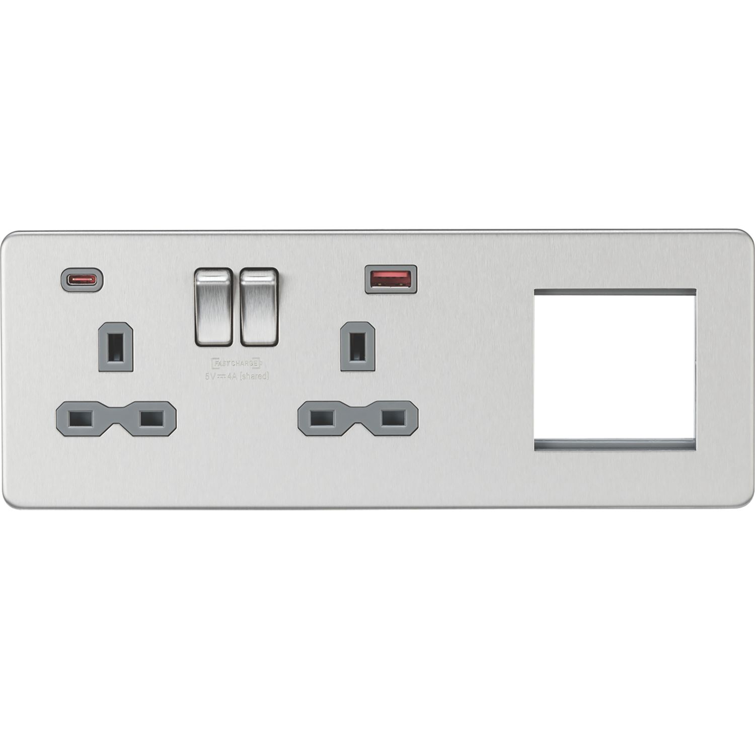 Knightsbridge 13A 2-Gang DP Combination Plate + 4.0A 18W 2-Outlet Type A & C USB Charger Brushed Chrome with Colour-Matched Inserts (171VF)
