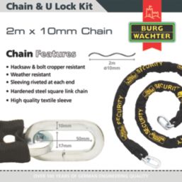 Burg-Wachter Hardened Steel Heavy Duty Security Kit: Chain, Lock & Ground Anchor 2m x 10mm