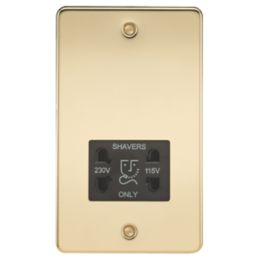 Knightsbridge  2-Gang Dual Voltage Shaver Socket 115 V / 230V Polished Brass with Black Inserts