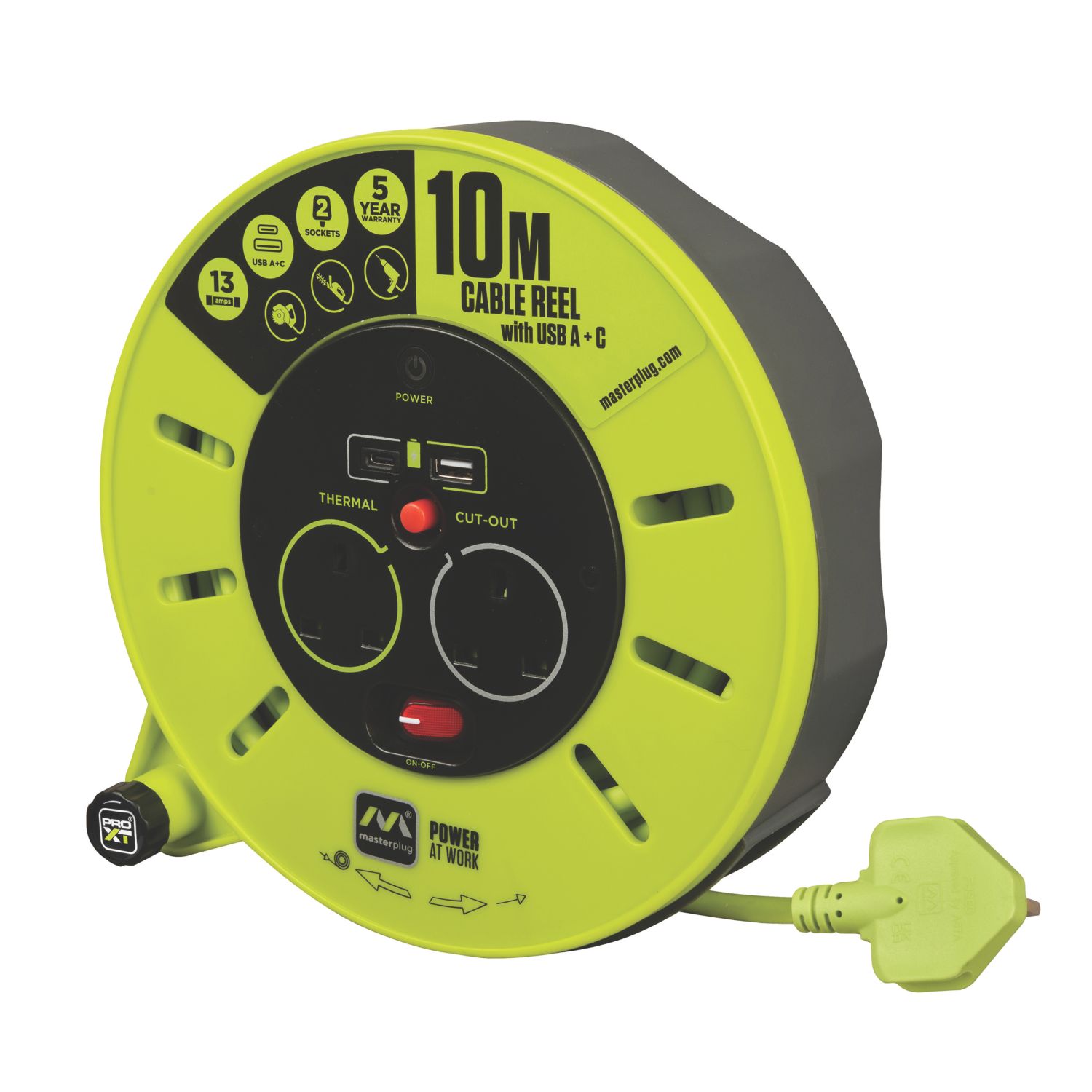Masterplug 13A 4-Gang 10m Cable Reel with USB Charging + 3A 2-Outlet Type A & C USB Charger 240V (173EE)