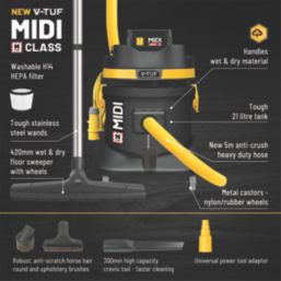 V-Tuf MIDIH110 1400W 21Ltr H Class Wet & Dry Dust Extractor 110V