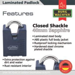 Burg-Wachter Sapphire   Closed Shackle  Laminated Padlock Blue 40mm