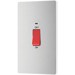 British General Evolve 45A 2-Gang 2-Pole Cooker Switch Brushed Steel with LED with White Inserts