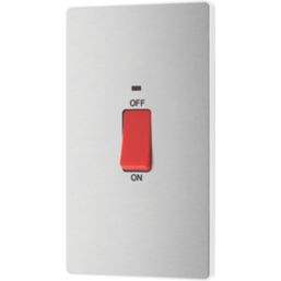 British General Evolve 45A 2-Gang 2-Pole Cooker Switch Brushed Steel with LED with White Inserts