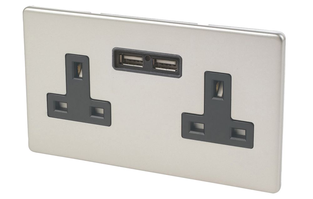 Varilight  13AX 2-Gang Unswitched Socket + 2.1A 10.5W 2-Outlet Type A USB Charger Satin Chrome with Black Inserts