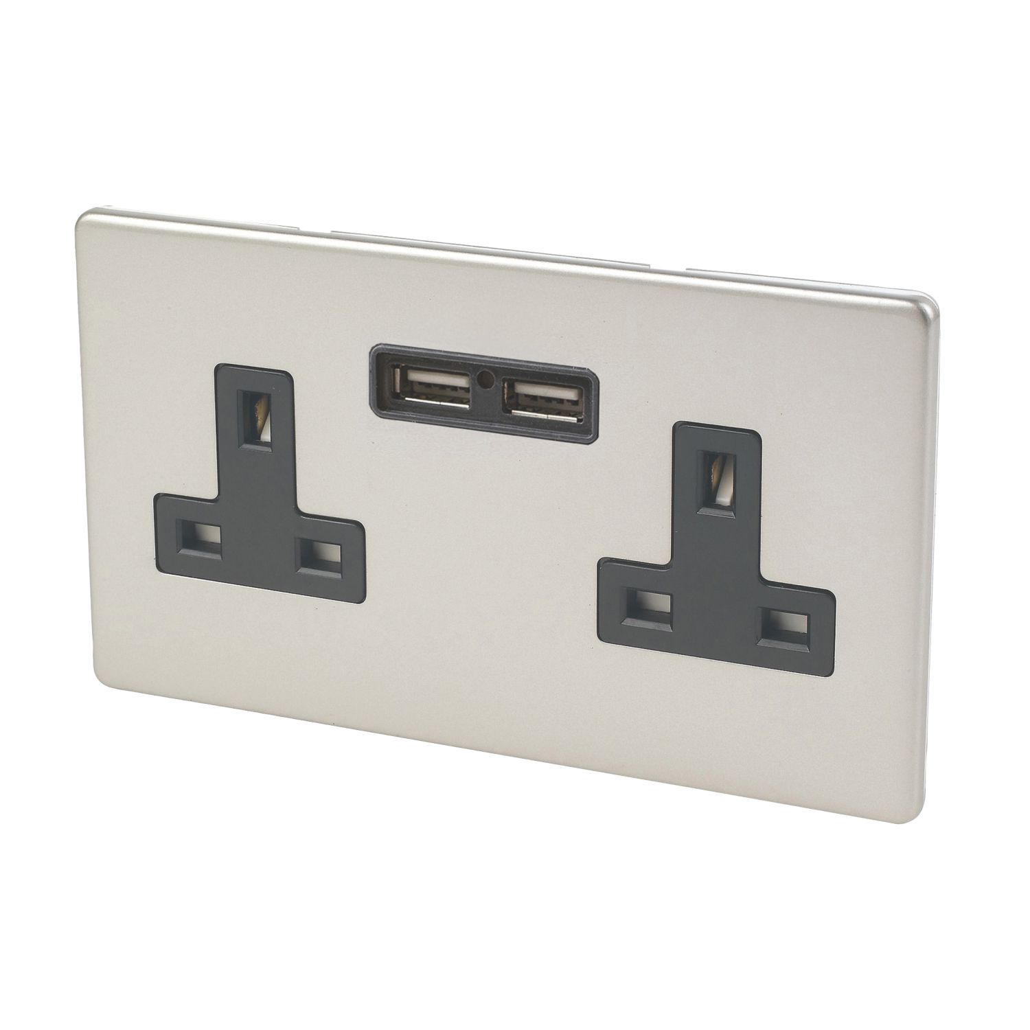 Varilight 13AX 2-Gang Unswitched Socket + 2.1A 10.5W 2-Outlet Type A USB Charger Satin Chrome with Black Inserts (1754F)