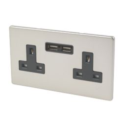 Varilight  13AX 2-Gang Unswitched Socket + 2.1A 2-Outlet Type A USB Charger Satin Chrome with Black Inserts