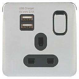 Schneider Electric Lisse Deco 13A 1-Gang SP Switched Socket + 2.1A 2-Outlet Type A USB Charger Polished Chrome with Black Inserts