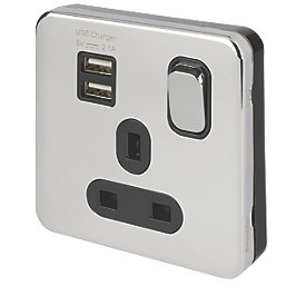 Schneider Electric Lisse Deco 13A 1-Gang SP Switched Socket + 2.1A 2-Outlet Type A USB Charger Polished Chrome with Black Inserts