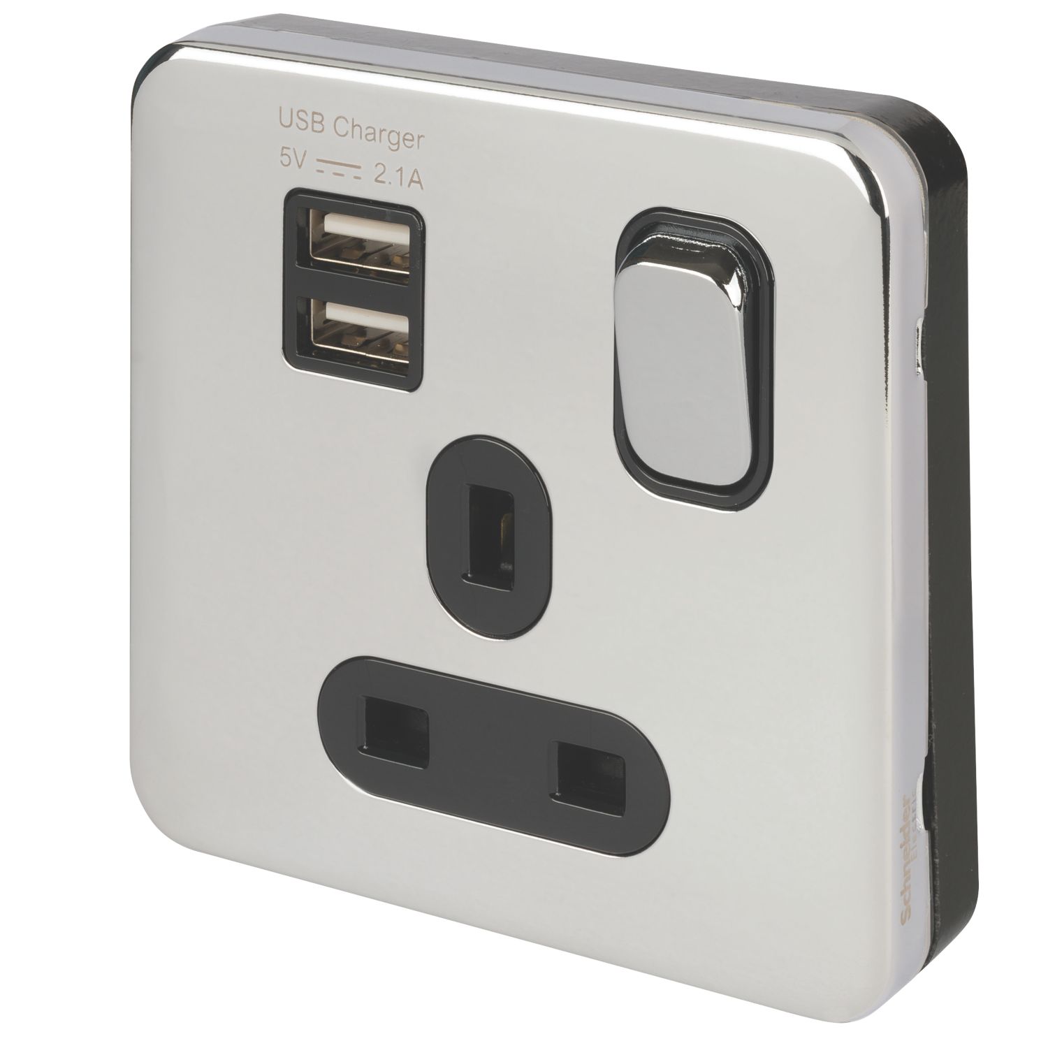 Schneider Electric Lisse Deco 13A 1-Gang SP Switched Socket + 2.1A 10.5W 2-Outlet Type A USB Charger Polished Chrome with Black Inserts (175FF)