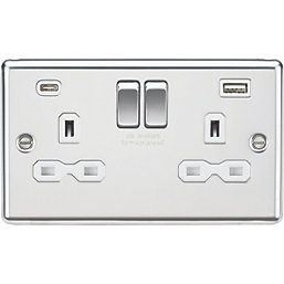 Knightsbridge  13A 2-Gang SP Switched Socket + 4.0A 20W 2-Outlet Type A & C USB Charger Polished Chrome with White Inserts