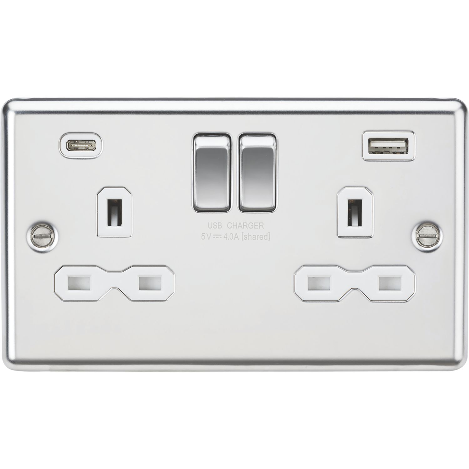 Knightsbridge 13A 2-Gang SP Switched Socket + 4.0A 20W 2-Outlet Type A & C USB Charger Polished Chrome with White Inserts (175PY)