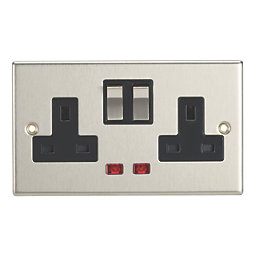 Contactum Iconic 13A 2-Gang DP Switched Socket Outlet Brushed Steel with Neon with Black Inserts