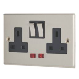 Contactum Iconic 13A 2-Gang DP Switched Socket Outlet Brushed Steel with Neon with Black Inserts