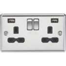 Knightsbridge  13A 2-Gang SP Switched Socket + 2.4A 12W 2-Outlet Type A USB Charger Polished Chrome with Black Inserts