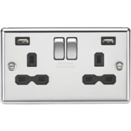 Knightsbridge  13A 2-Gang SP Switched Socket + 2.4A 12W 2-Outlet Type A USB Charger Polished Chrome with Black Inserts