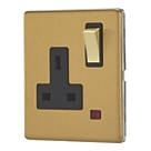 Contactum Lyric 13A 1-Gang DP Switched Socket Outlet Brushed Brass with Neon with Black Inserts