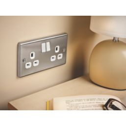 LAP  13A 2-Gang SP Switched Plug Sockets Brushed Stainless Steel  with White Inserts 5 Pack