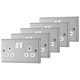 LAP  13A 2-Gang SP Switched Plug Socket Brushed Stainless Steel  with White Inserts 5 Pack