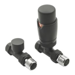 Reina Modal TRV 15mm x 15mm Black Straight & L/S Designer Thermostatic Radiator Valve & Lockshield
