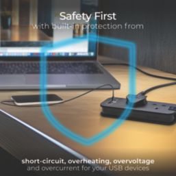 Masterplug 13A 2-Gang Unswitched  Travel Extension Lead (UK) + 3.4A 2-Outlet Type A & C USB Charger Black 0.45m