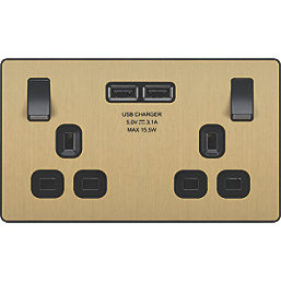 British General Evolve 13A 2-Gang SP Switched Socket + 3.1A 15.5W 2-Outlet Type A USB Charger Satin Brass with Black Inserts