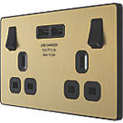 British General Evolve 13A 2-Gang SP Switched Socket + 3.1A 2-Outlet Type A USB Charger Satin Brass with Black Inserts