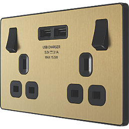 British General Evolve 13A 2-Gang SP Switched Socket + 3.1A 15.5W 2-Outlet Type A USB Charger Satin Brass with Black Inserts