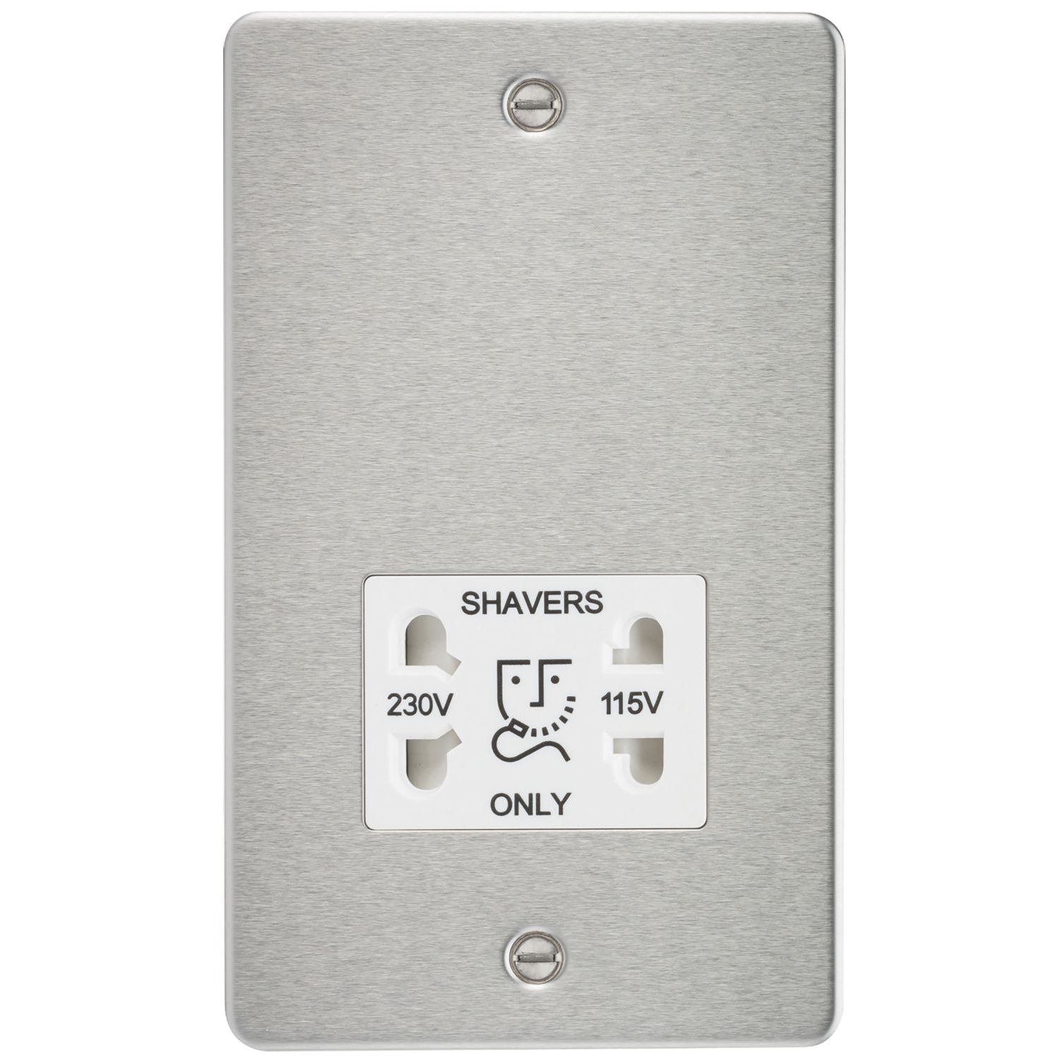 Knightsbridge 2-Gang Dual Voltage Shaver Socket 115 V / 230V Brushed Chrome with White Inserts (182TX)