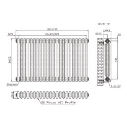 Flomasta 600mm x 1010mm 4366BTU Black Horizontal 3 Column Radiator