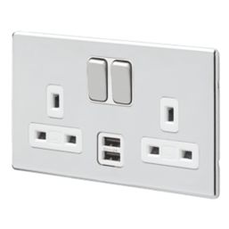 MK Aspect 13A 2-Gang DP Switched Socket + 2A 2-Outlet Type A USB Charger Polished Chrome with White Inserts