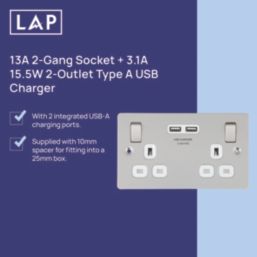 LAP  13A 2-Gang SP Switched Socket + 3.1A 15.5W 2-Outlet Type A USB Charger Brushed Stainless Steel with White Inserts