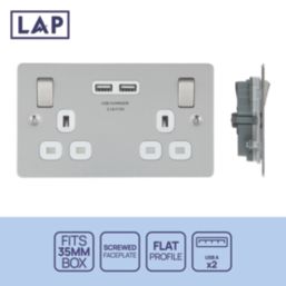 LAP  13A 2-Gang SP Switched Socket + 3.1A 15.5W 2-Outlet Type A USB Charger Brushed Stainless Steel with White Inserts