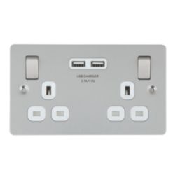 LAP  13A 2-Gang SP Switched Socket + 3.1A 15.5W 2-Outlet Type A USB Charger Brushed Stainless Steel with White Inserts