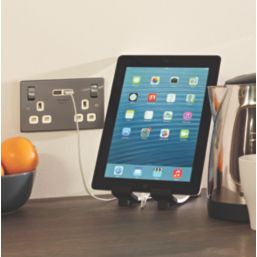 LAP  13A 2-Gang SP Switched Socket + 3.1A 15.5W 2-Outlet Type A USB Charger Brushed Stainless Steel with White Inserts