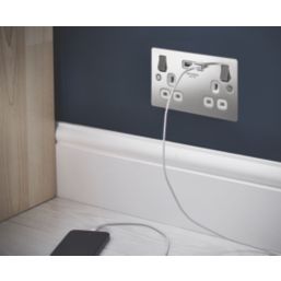 LAP  13A 2-Gang SP Switched Socket + 3.1A 15.5W 2-Outlet Type A USB Charger Brushed Stainless Steel with White Inserts