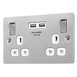 LAP  13A 2-Gang SP Switched Socket + 3.1A 2-Outlet Type A USB Charger Brushed Stainless Steel with White Inserts