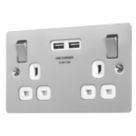 LAP  13A 2-Gang SP Switched Socket + 3.1A 15.5W 2-Outlet Type A USB Charger Brushed Stainless Steel with White Inserts