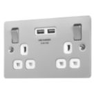 LAP  13A 2-Gang SP Switched Socket + 3.1A 15.5W 2-Outlet Type A USB Charger Brushed Stainless Steel with White Inserts
