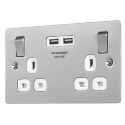 LAP  13A 2-Gang SP Switched Socket + 3.1A 15.5W 2-Outlet Type A USB Charger Brushed Stainless Steel with White Inserts