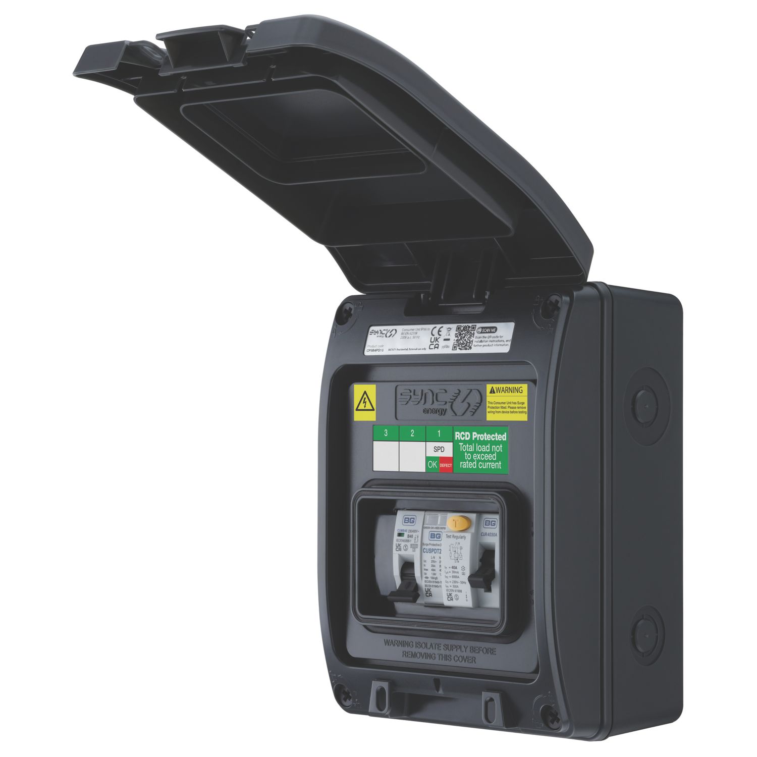 Sync Energy IP66 Weatherproof Outdoor 5-Module 3-Way Part-Populated EV Charger Consumer Unit with SPD (186EF)