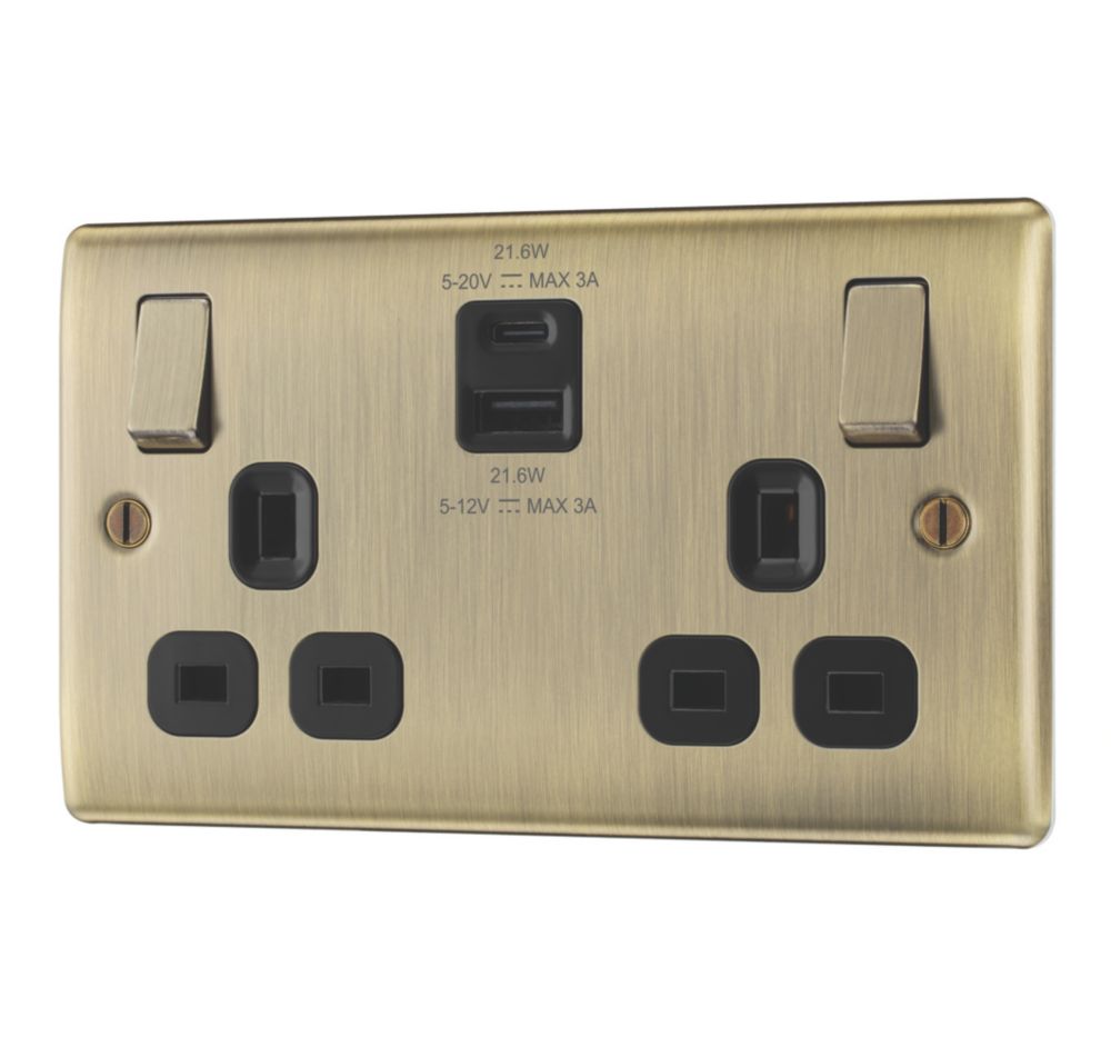 British General Nexus Metal 13A 2-Gang SP Switched Socket + 2.4A 22W 2-Outlet Type A & C USB Charger Antique Brass with Black Inserts