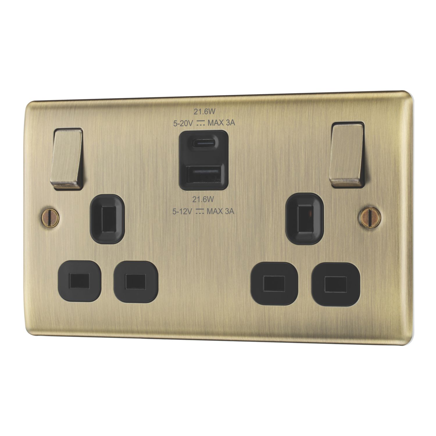 British General Nexus Metal 13A 2-Gang SP Switched Socket + 2.4A 22W 2-Outlet Type A & C USB Charger Antique Brass with Black Inserts (186PM)